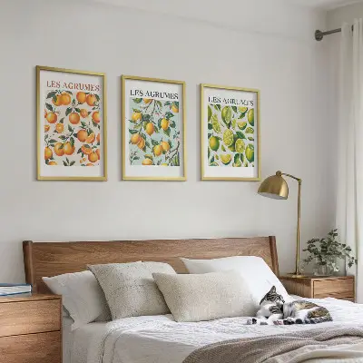 Three-piece wall art set with fruity citrus pastel patterns