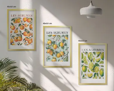 Three-piece wall art set with fruity citrus pastel patterns
