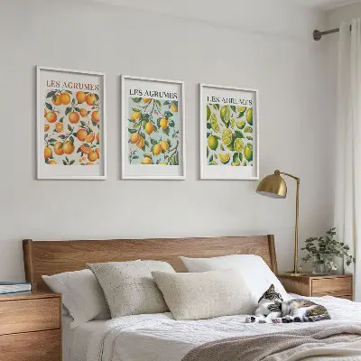 Three-piece wall art set with fruity citrus pastel patterns