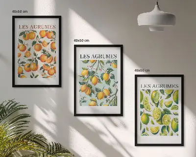 Three-piece wall art set with fruity citrus pastel patterns