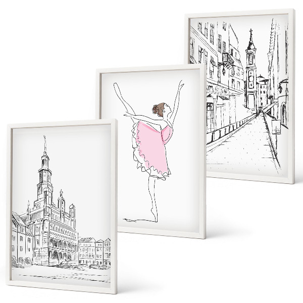 Set of 3 framed wall art pieces Stylish ballerinas and architecture
