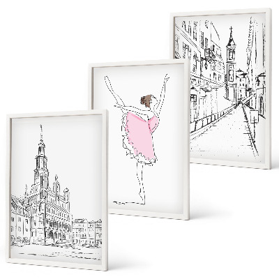 Set of 3 framed wall art pieces Stylish ballerinas and architecture