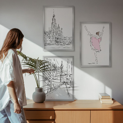 Set of 3 framed wall art pieces Stylish ballerinas and architecture