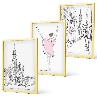 Set of 3 framed wall art pieces Stylish ballerinas and architecture