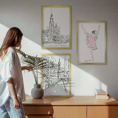 Set of 3 framed wall art pieces Stylish ballerinas and architecture