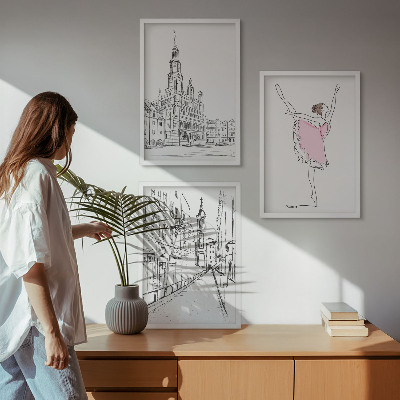Set of 3 framed wall art pieces Stylish ballerinas and architecture