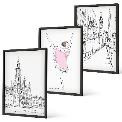 Set of 3 framed wall art pieces Stylish ballerinas and architecture