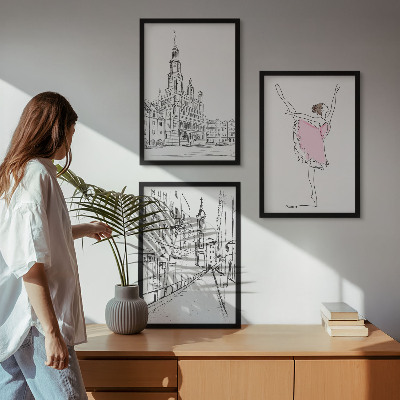 Set of 3 framed wall art pieces Stylish ballerinas and architecture