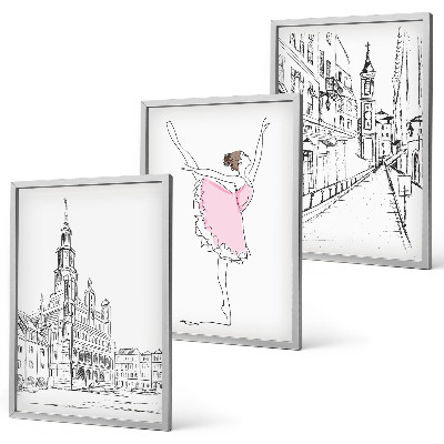 Set of 3 framed wall art pieces Stylish ballerinas and architecture
