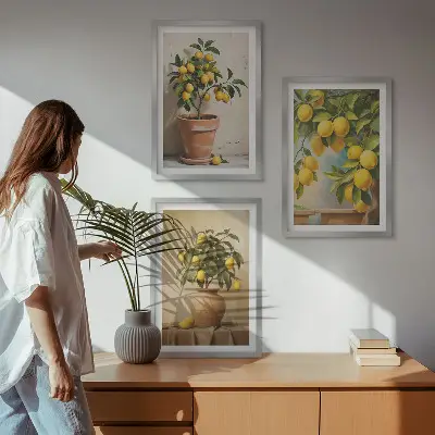 Set of 3 framed wall art pieces featuring lemon trees in a pot and a vase