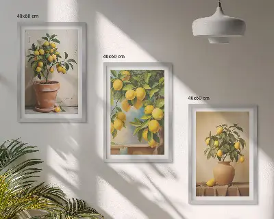 Set of 3 framed wall art pieces featuring lemon trees in a pot and a vase