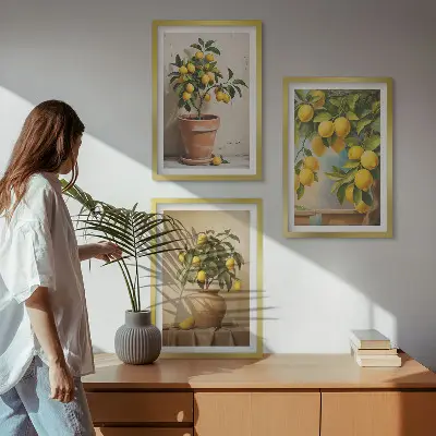 Set of 3 framed wall art pieces featuring lemon trees in a pot and a vase