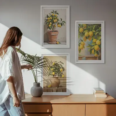 Set of 3 framed wall art pieces featuring lemon trees in a pot and a vase