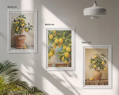 Set of 3 framed wall art pieces featuring lemon trees in a pot and a vase