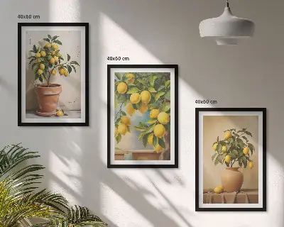 Set of 3 framed wall art pieces featuring lemon trees in a pot and a vase