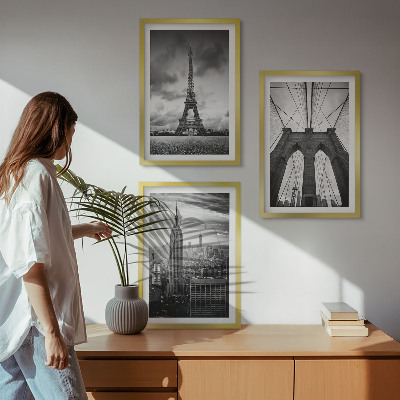 Three-piece wall art piece Monochromatic bridge towers