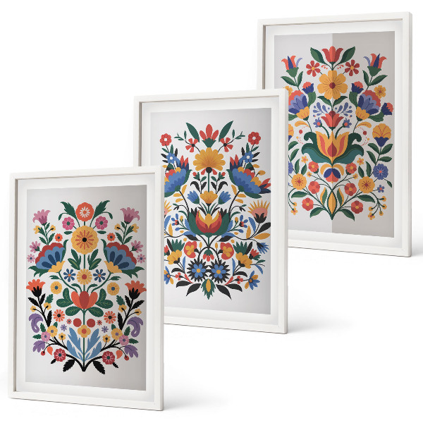 Set of 3 framed wall art pieces Floral patterns in intense colors