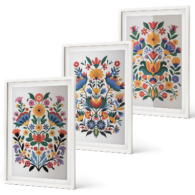 Set of 3 framed wall art pieces Floral patterns in intense colors