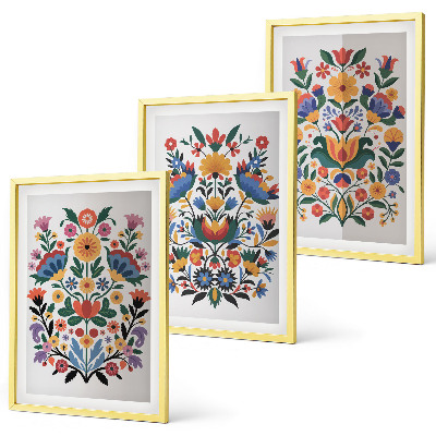 Set of 3 framed wall art pieces Floral patterns in intense colors