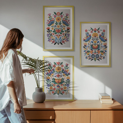 Set of 3 framed wall art pieces Floral patterns in intense colors