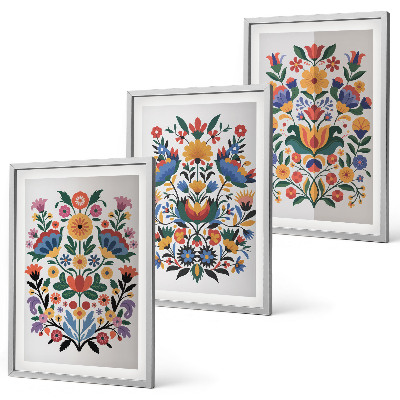 Set of 3 framed wall art pieces Floral patterns in intense colors