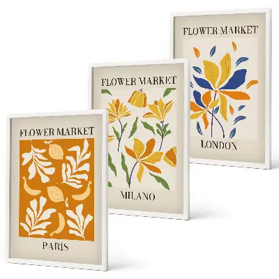 Three-piece floral wall art set featuring Paris, Milan, and London designs