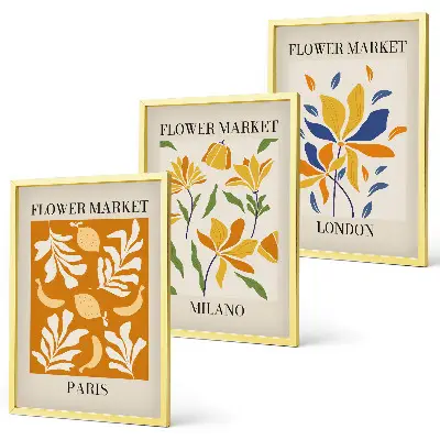 Three-piece floral wall art set featuring Paris, Milan, and London designs