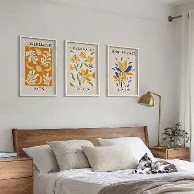 Three-piece floral wall art set featuring Paris, Milan, and London designs