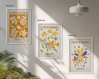 Three-piece floral wall art set featuring Paris, Milan, and London designs