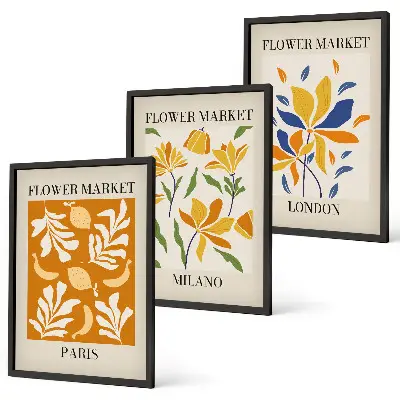 Three-piece floral wall art set featuring Paris, Milan, and London designs