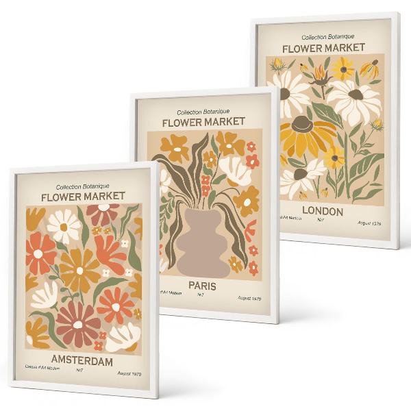 Set of 3 framed wall art pieces Floral patterns Amsterdam Paris London