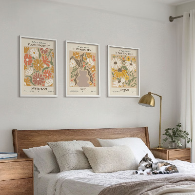 Set of 3 framed wall art pieces Floral patterns Amsterdam Paris London