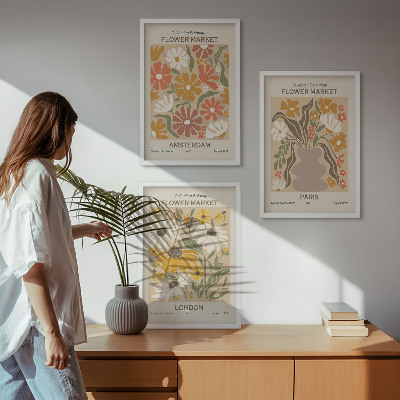 Set of 3 framed wall art pieces Floral patterns Amsterdam Paris London