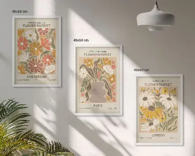 Set of 3 framed wall art pieces featuring floral patterns of Amsterdam, Paris, and London
