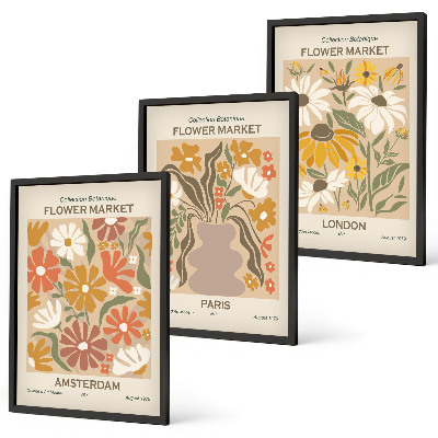 Set of 3 framed wall art pieces Floral patterns Amsterdam Paris London
