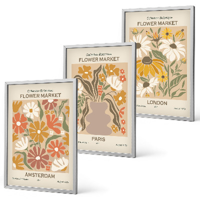 Set of 3 framed wall art pieces Floral patterns Amsterdam Paris London