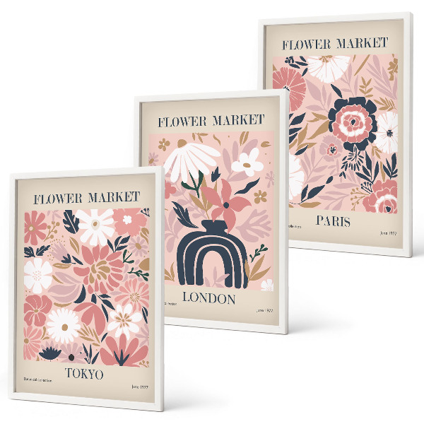 Wall art set Floral motifs Tokyo London Paris