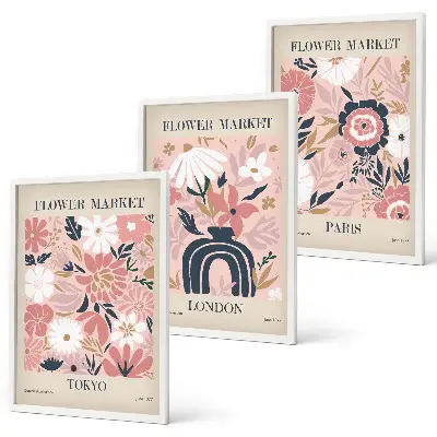 Wall art set with floral motifs of Tokyo, London, and Paris