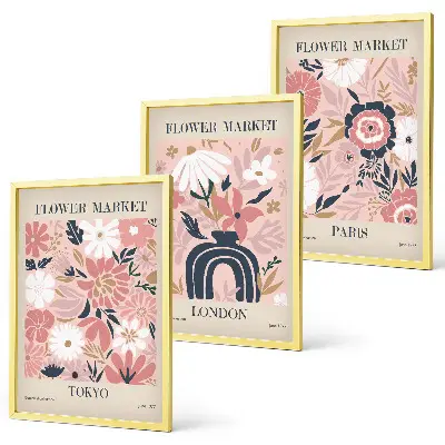Wall art set with floral motifs of Tokyo, London, and Paris