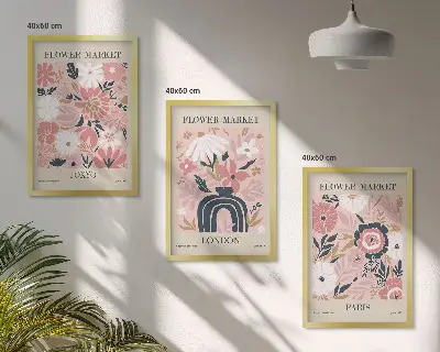Wall art set with floral motifs of Tokyo, London, and Paris
