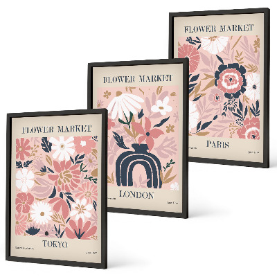 Wall art set Floral motifs Tokyo London Paris
