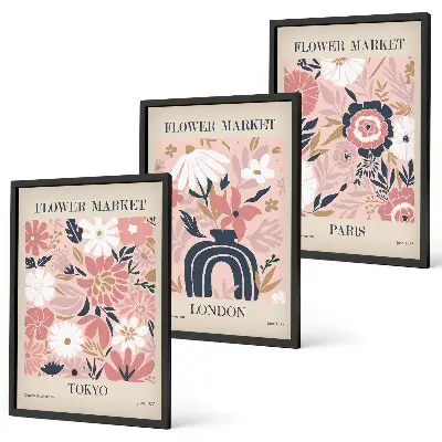 Wall art set with floral motifs of Tokyo, London, and Paris