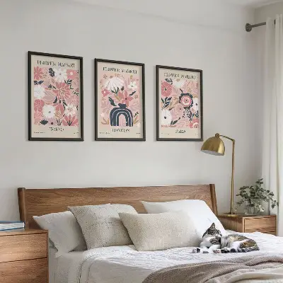 Wall art set with floral motifs of Tokyo, London, and Paris