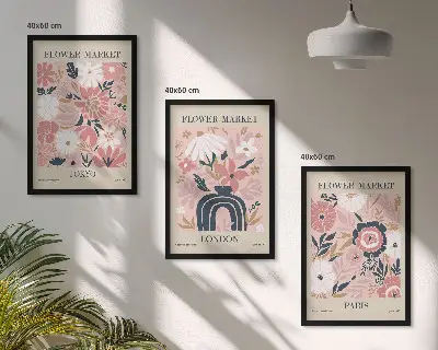 Wall art set with floral motifs of Tokyo, London, and Paris