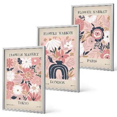 Wall art set with floral motifs of Tokyo, London, and Paris