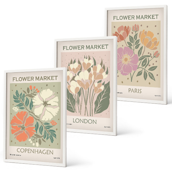 Three-piece wall art piece Floral Posters Copenhagen London Paris