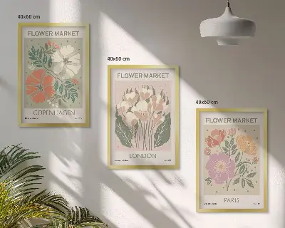 Three-piece floral wall art set featuring Copenhagen, London, and Paris prints