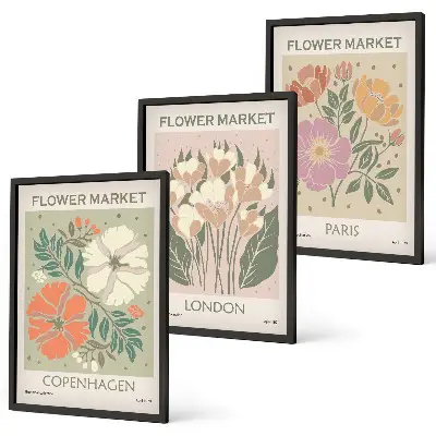 Three-piece floral wall art set featuring Copenhagen, London, and Paris prints