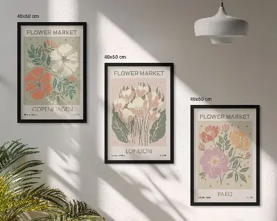 Three-piece floral wall art set featuring Copenhagen, London, and Paris prints