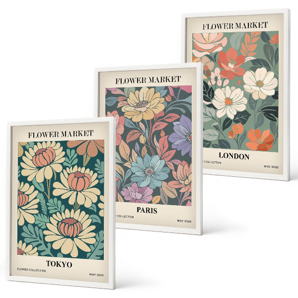 Set of 3 framed wall art pieces Flower Posters Tokyo Paris London